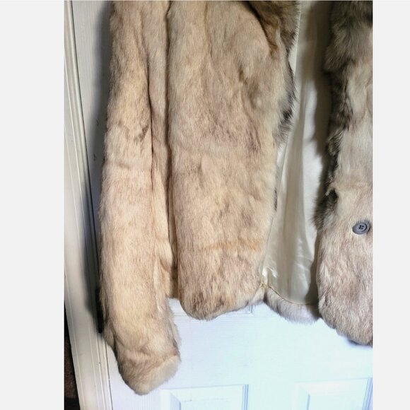 Vintage Genuine Rabbit and Fox Tail Cropped Fur Coat Jacket L Cream Glam Mobwife - Picture 6 of 10